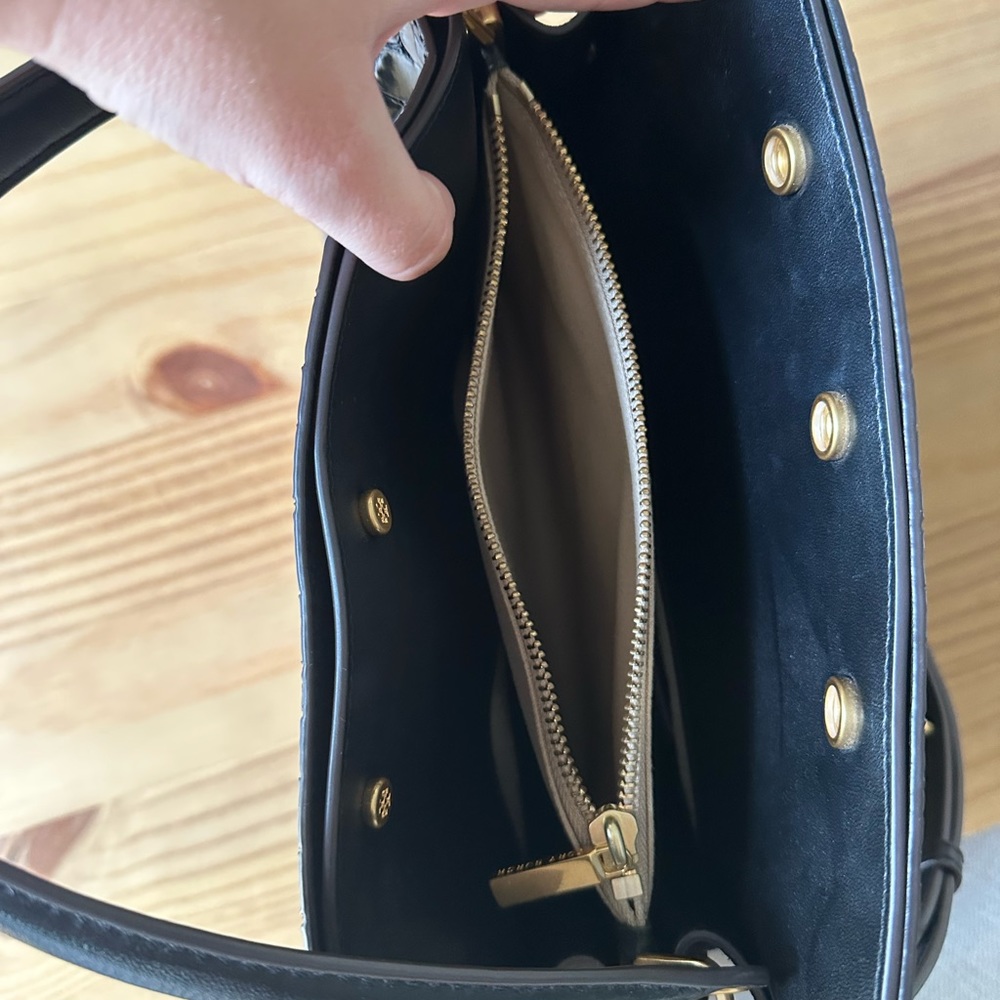 Tory Burch Lee Radziwill Croc Embossed Leather Suede Double Bag Black - Picture 7 of 9